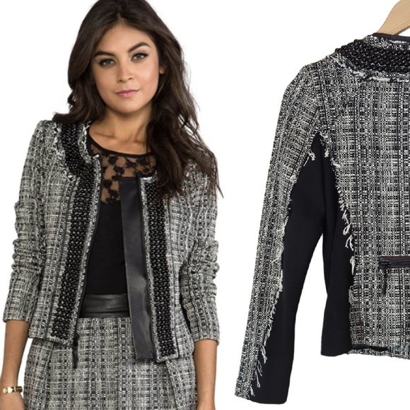 Milly Black and White Punk Distressed Tweed Blazer Jacket - Picture 1 of 15